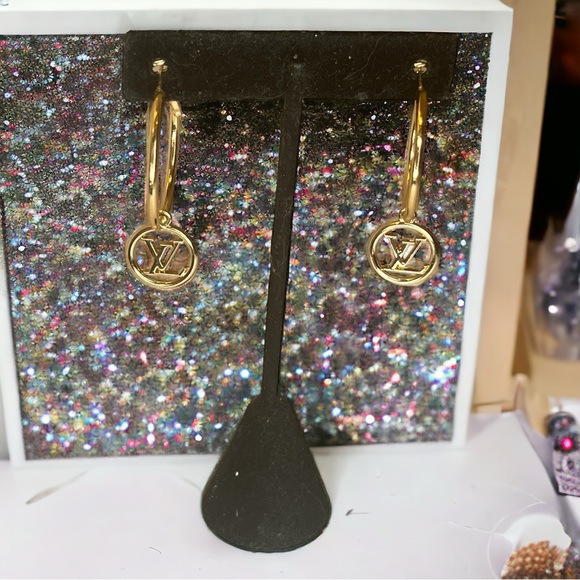Upcycled Gold LV Louis Vuitton Charm Hoop Earrings - Picture 4 of 9